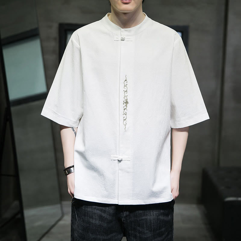 Buddha Stones Casual Solid Color Frog-Button Embroidery Men's Cotton Linen Shirt - White - US/UK/AU46，EU56 (5XL) - image 25