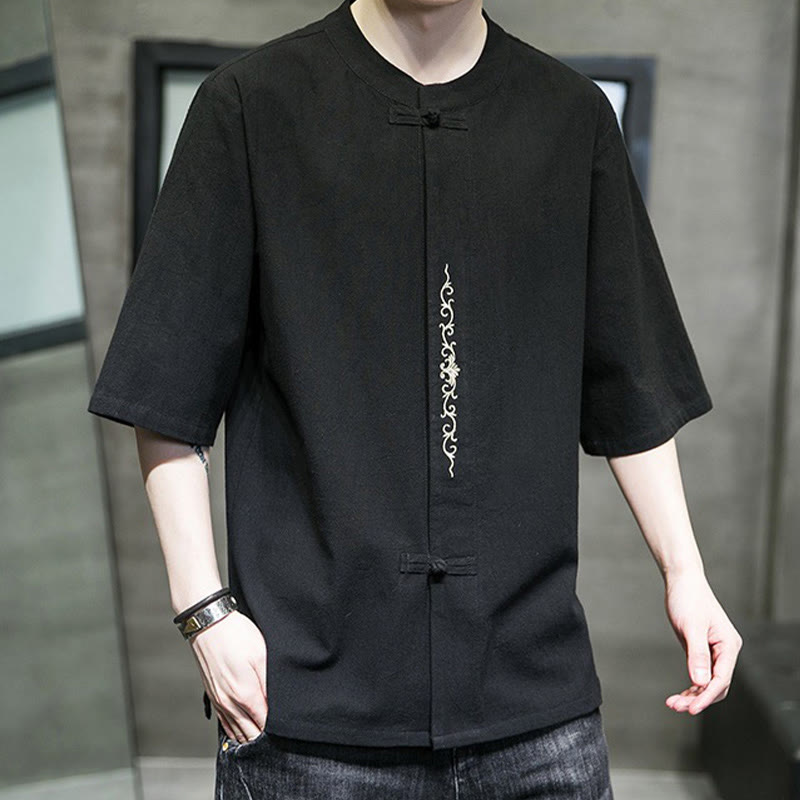 Buddha Stones Casual Solid Color Frog-Button Embroidery Men's Cotton Linen Shirt Cardigan - image 23