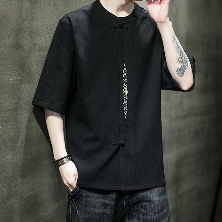 Buddha Stones Casual Solid Color Frog-Button Embroidery Men's Cotton Linen Shirt Cardigan - image 22