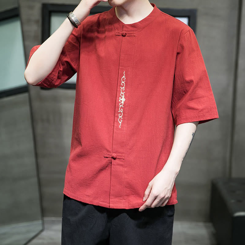 Buddha Stones Casual Solid Color Frog-Button Embroidery Men's Cotton Linen Shirt Cardigan - image 11