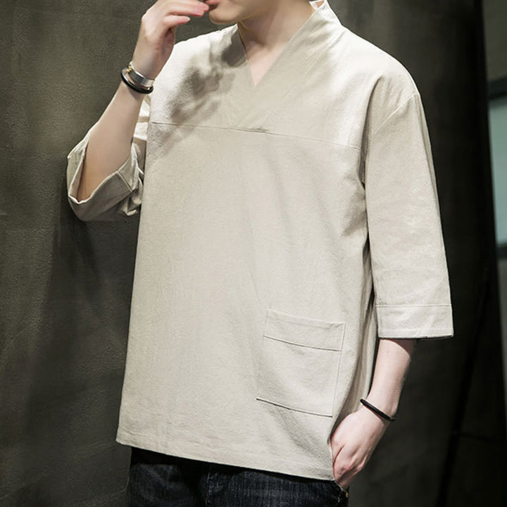 Buddha Stones Summer Casual Simple V-Neck Design Men's Cotton Linen Three Quarter Sleeve T-Shirt With Front Pocket - image 5