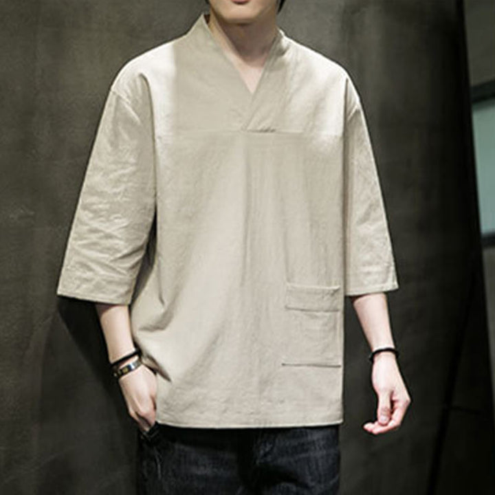 Buddha Stones Summer Casual Simple V-Neck Design Men's Cotton Linen Three Quarter Sleeve T-Shirt With Front Pocket - image 3