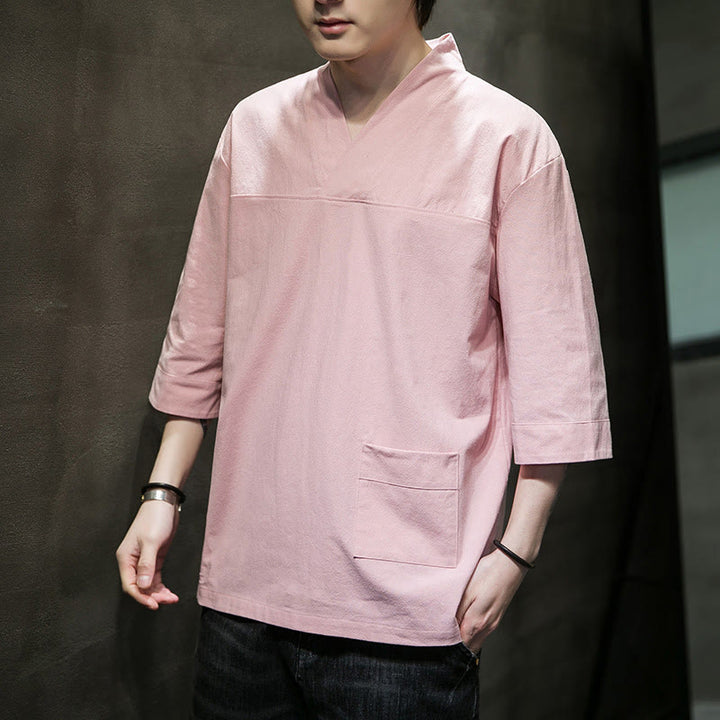 Buddha Stones Summer Casual Simple V-Neck Design Men's Cotton Linen Three Quarter Sleeve T-Shirt With Front Pocket - Pink - US/UK/AU46，EU56 (5XL) - image 9