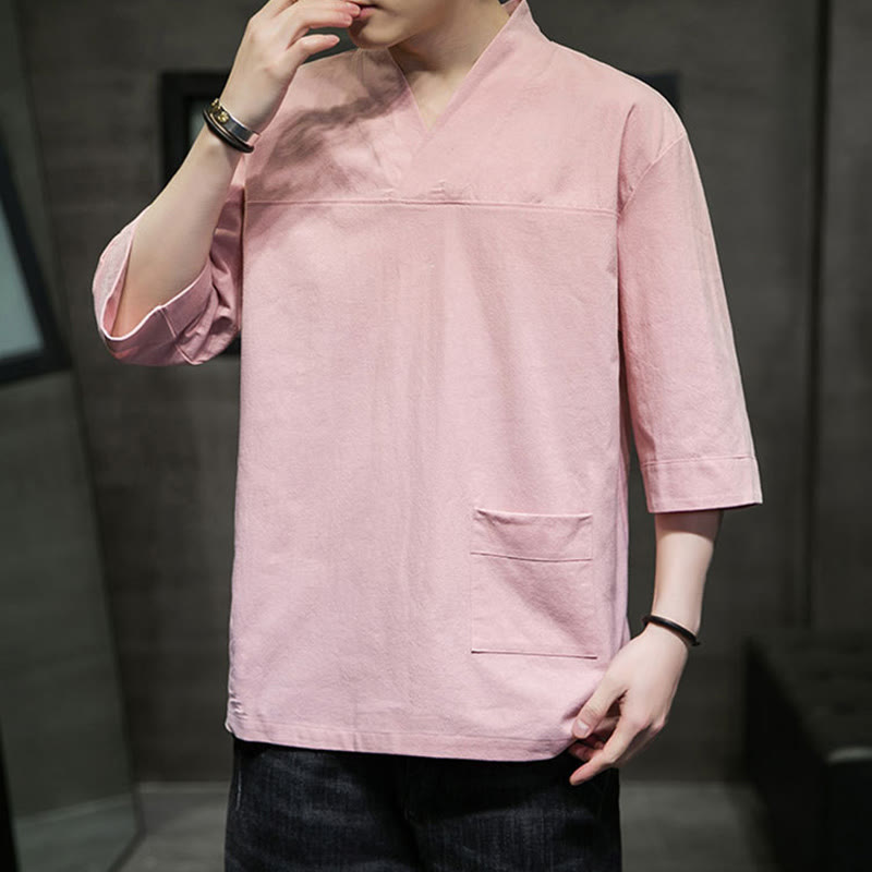 Buddha Stones Summer Casual Simple V-Neck Design Men's Cotton Linen Three Quarter Sleeve T-Shirt With Front Pocket - image 12