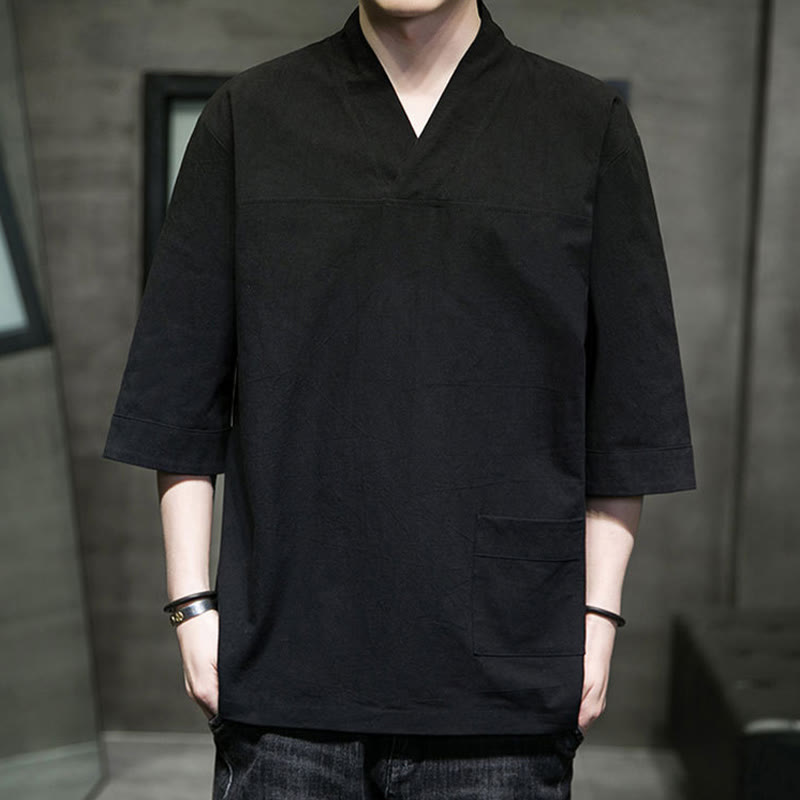 Buddha Stones Summer Casual Simple V-Neck Design Men's Cotton Linen Three Quarter Sleeve T-Shirt With Front Pocket - image 20