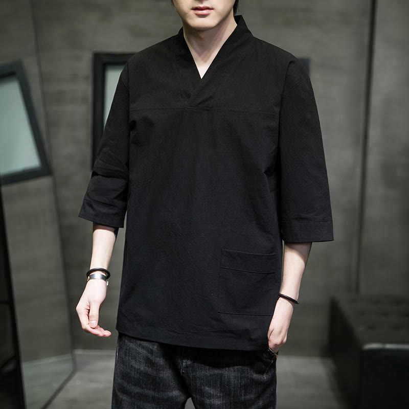 Buddha Stones Summer Casual Simple V-Neck Design Men's Cotton Linen Three Quarter Sleeve T-Shirt With Front Pocket - Black - US/UK/AU46，EU56 (5XL) - image 16