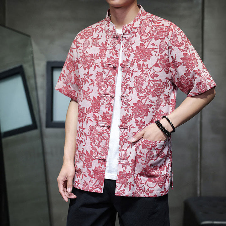 Buddha Stones Casual Jacquard Paisley Flower Plant Pattern Frog-Button Design Men's Cotton Shirt Cardigan With Pockets - image 5