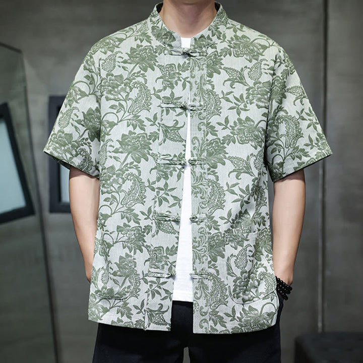 Buddha Stones Casual Jacquard Paisley Flower Plant Pattern Frog-Button Design Men's Cotton Shirt Cardigan With Pockets