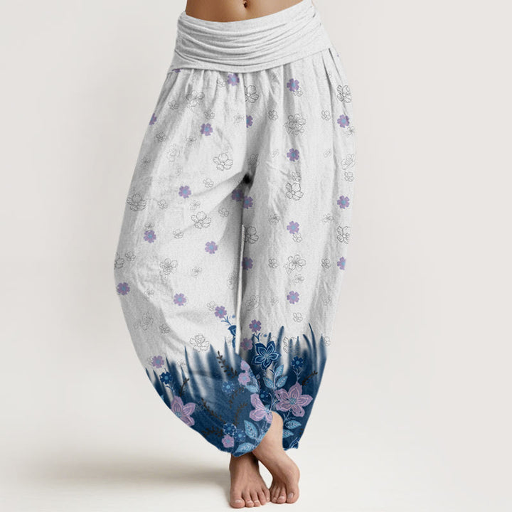 Buddha Stones Casual Floral Leaf Grass Pattern Women's Elastic Waist Harem Pants - SteelBlue - US22，UK/AU26，EU54 (6XL) - image 5