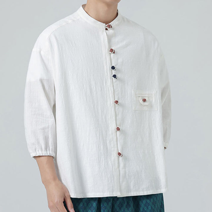 Buddha Stones Summer Frog-Button Front Stand Collar Men's Three Quarter Sleeve Cotton Shirt With Pocket - image 5