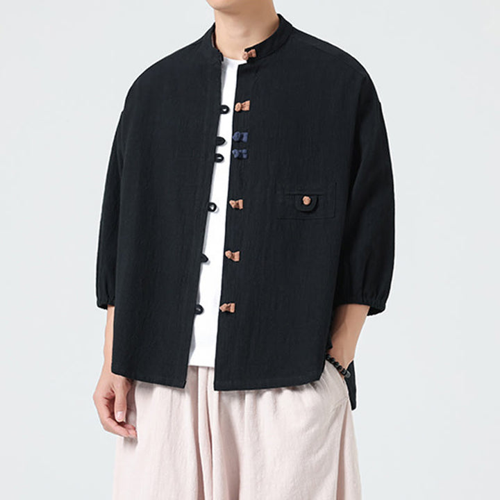 Buddha Stones Summer Frog-Button Front Stand Collar Men's Three Quarter Sleeve Cotton Shirt With Pocket - image 10