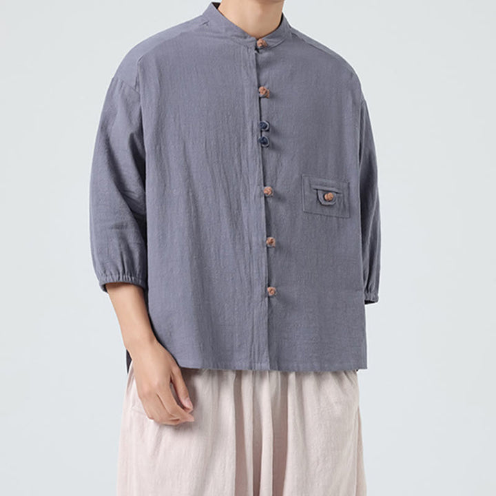 Buddha Stones Summer Frog-Button Front Stand Collar Men's Three Quarter Sleeve Cotton Shirt Cardigan With Pocket - LightSlateGray - US/UK/AU46，EU56 (5XL) - image 19