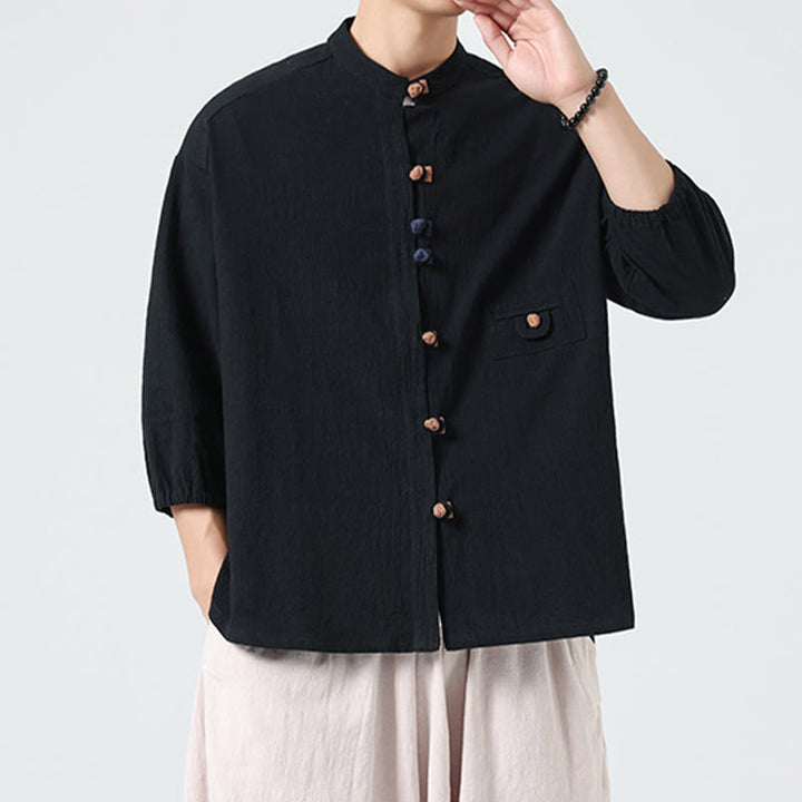 Buddha Stones Summer Frog-Button Front Stand Collar Men's Three Quarter Sleeve Cotton Shirt With Pocket - image 16