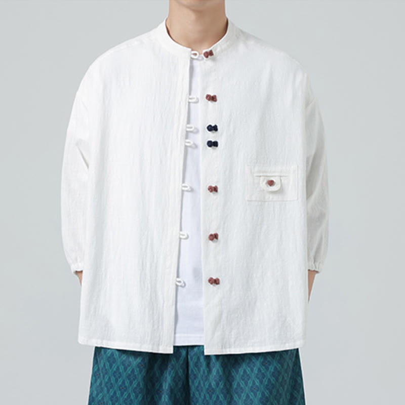 Buddha Stones Summer Frog-Button Front Stand Collar Men's Three Quarter Sleeve Cotton Shirt With Pocket - image 4