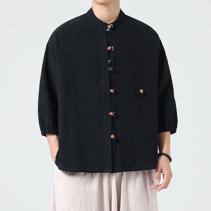 Buddha Stones Summer Frog-Button Front Stand Collar Men's Three Quarter Sleeve Cotton Shirt With Pocket - image 13