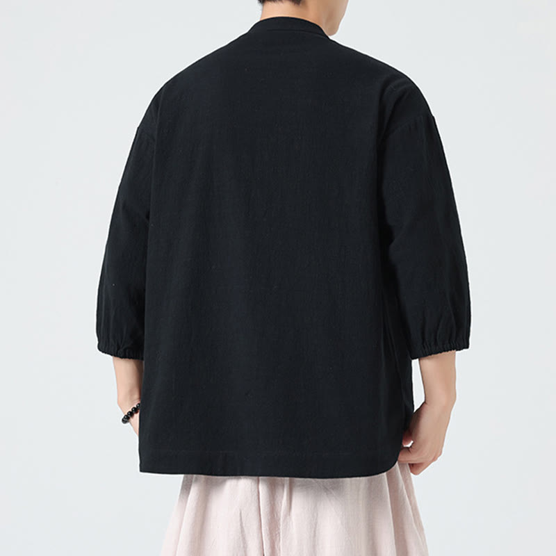 Buddha Stones Summer Frog-Button Front Stand Collar Men's Three Quarter Sleeve Cotton Shirt Cardigan With Pocket - image 15