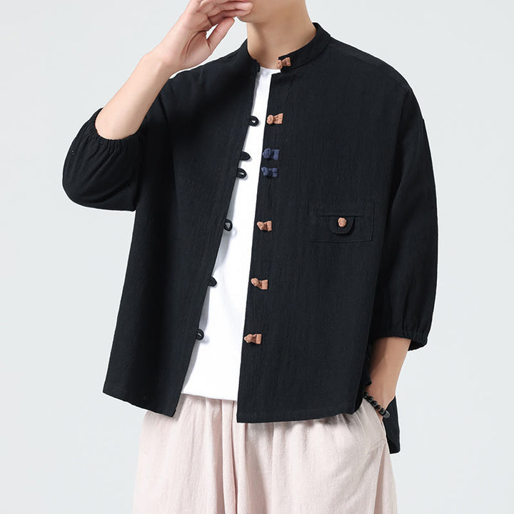 Buddha Stones Summer Frog-Button Front Stand Collar Men's Three Quarter Sleeve Cotton Shirt Cardigan With Pocket - Black - US/UK/AU46，EU56 (5XL) - image 9