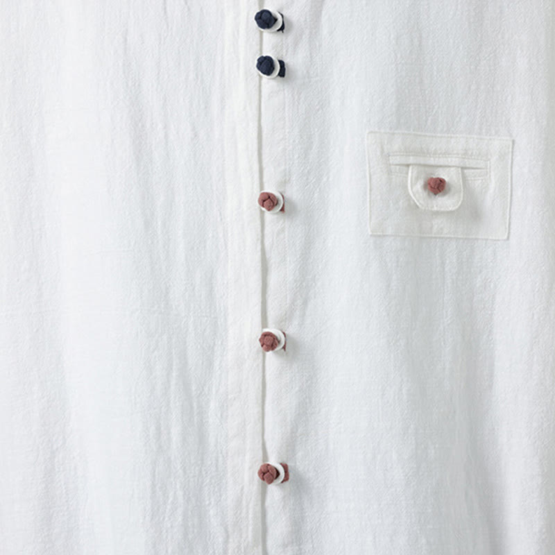 Buddha Stones Summer Frog-Button Front Stand Collar Men's Three Quarter Sleeve Cotton Shirt Cardigan With Pocket - image 7