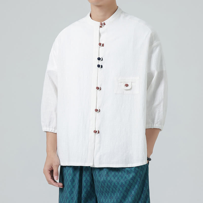 Buddha Stones Summer Frog-Button Front Stand Collar Men's Three Quarter Sleeve Cotton Shirt Cardigan With Pocket - image 3