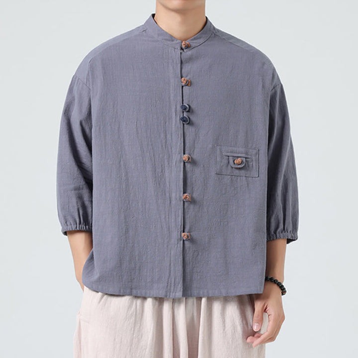 Buddha Stones Summer Frog-Button Front Stand Collar Men's Three Quarter Sleeve Cotton Shirt With Pocket - image 21
