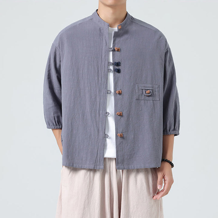 Buddha Stones Summer Frog-Button Front Stand Collar Men's Three Quarter Sleeve Cotton Shirt With Pocket - image 23