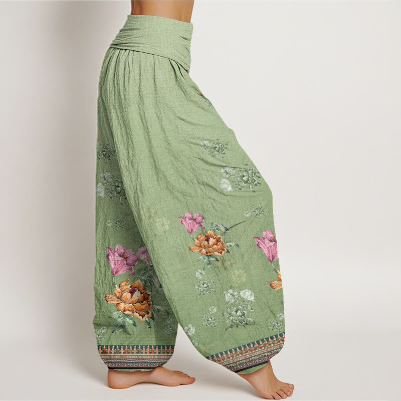 Buddha Stones Casual Plant Peony Petals Pattern Women's Elastic Waist Harem Pants - image 2