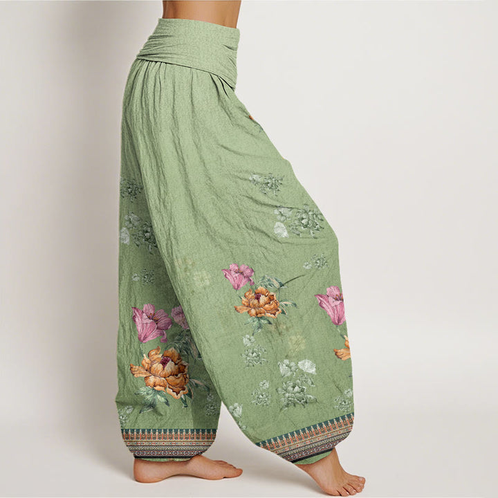 Buddha Stones Cotton Casual Plant Peony Petals Pattern Women's Elastic Waist Harem Pants - image 1