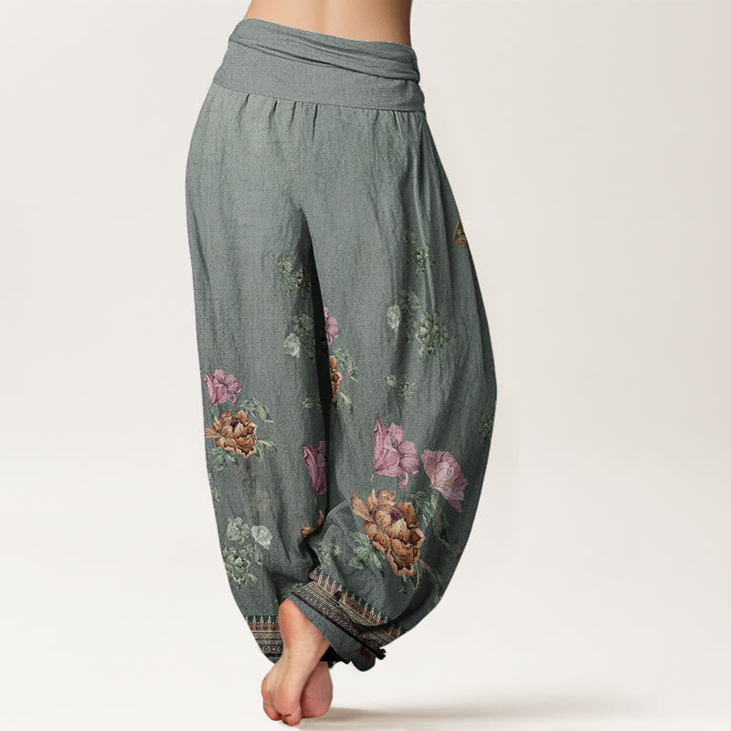 Buddha Stones Cotton Casual Plant Peony Petals Pattern Women's Elastic Waist Harem Pants - image 6
