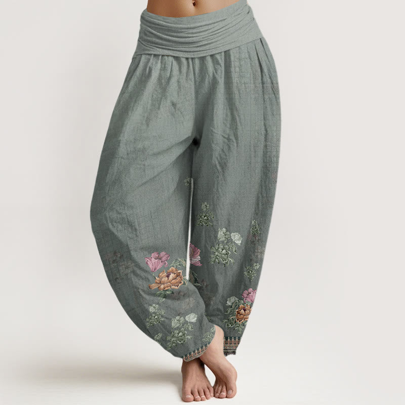 Buddha Stones Cotton Casual Plant Peony Petals Pattern Women's Elastic Waist Harem Pants - DarkGray - US22，UK/AU26，EU54 (6XL) - image 4