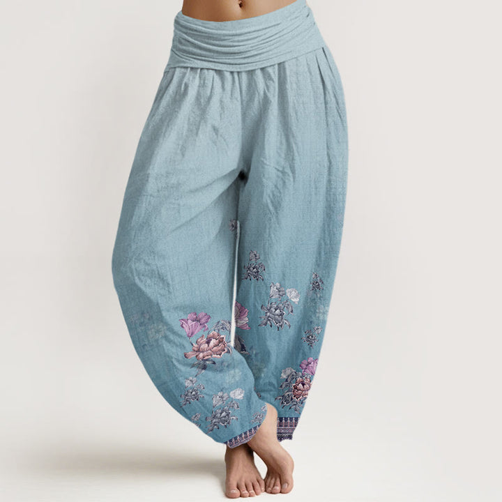 Buddha Stones Casual Plant Peony Petals Pattern Women's Elastic Waist Harem Pants - LightSkyBlue - US22，UK/AU26，EU54 (6XL) - image 8
