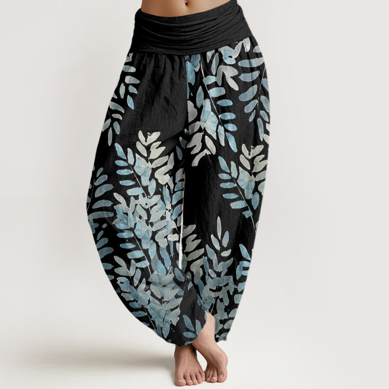 Buddha Stones Cotton Casual Plant Interlaced Leaves Pattern Women's Elastic Waist Harem Pants - Black - US22，UK/AU26，EU54 (6XL) - image 0