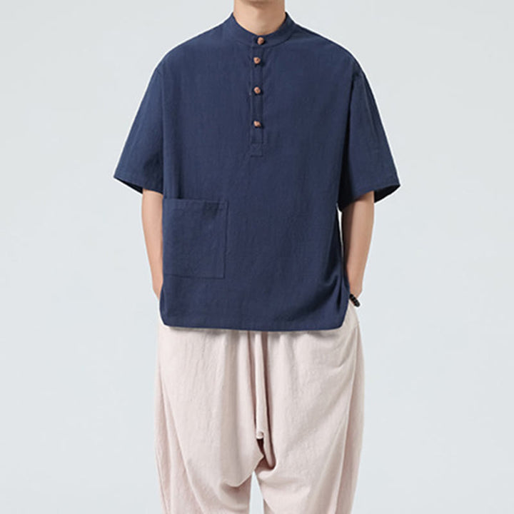 Buddha Stones Casual Half Frog-Button Design Stand Collar Tang Suit Men's Half Sleeve Cotton Shirt With Pocket - image 6