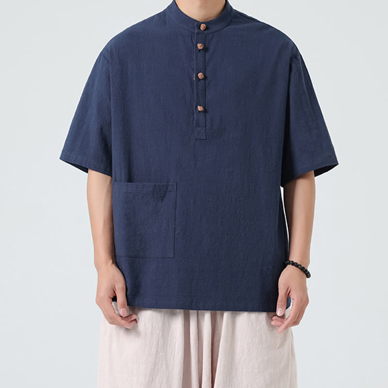 Buddha Stones Casual Half Frog-Button Design Stand Collar Tang Suit Men's Half Sleeve Cotton Shirt With Pocket - image 5