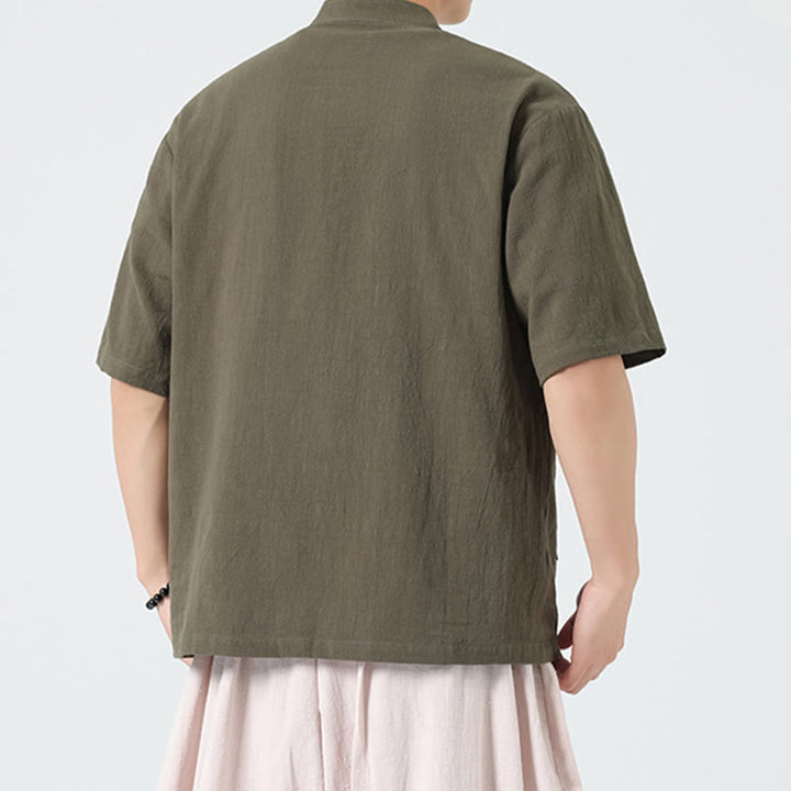 Buddha Stones Casual Half Frog-Button Design Stand Collar Tang Suit Men's Half Sleeve Cotton Shirt With Pocket - image 27