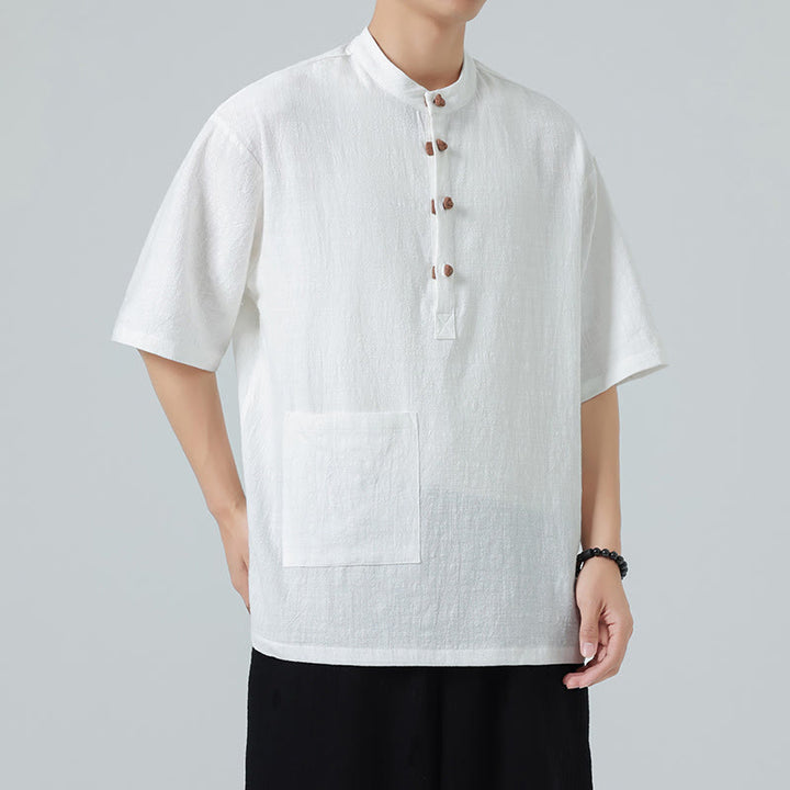 Buddha Stones Casual Half Frog-Button Design Stand Collar Tang Suit Men's Half Sleeve Cotton Shirt With Pocket - White - US/UK/AU46，EU56 (5XL) - image 14