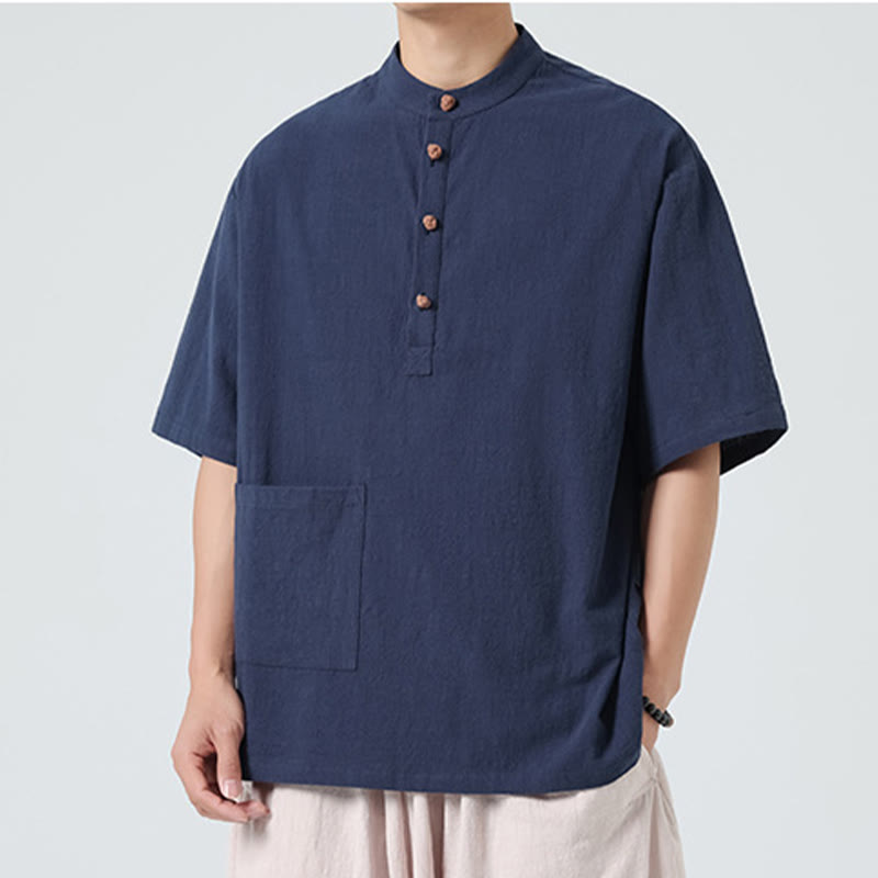 Buddha Stones Casual Half Frog-Button Design Stand Collar Tang Suit Men's Half Sleeve Cotton Shirt With Pocket - image 2