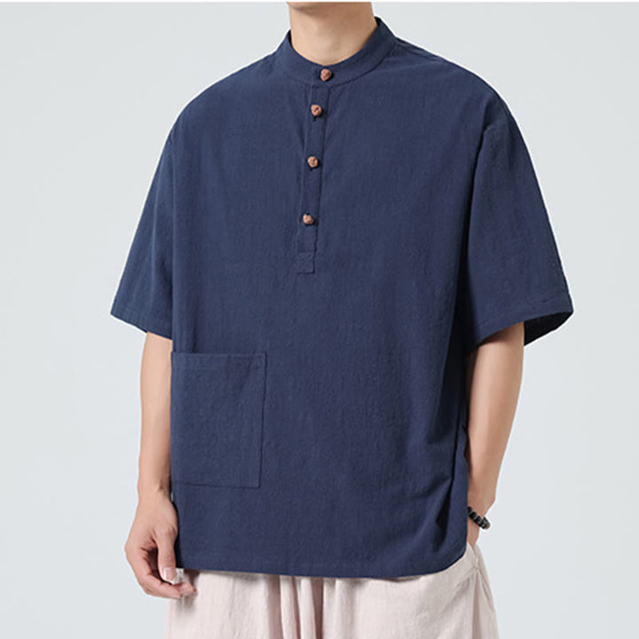 Buddha Stones Casual Half Frog-Button Design Stand Collar Tang Suit Men's Half Sleeve Cotton Shirt With Pocket - image 2