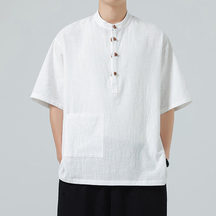 Buddha Stones Casual Half Frog-Button Design Stand Collar Tang Suit Men's Half Sleeve Cotton Shirt With Pocket - image 17