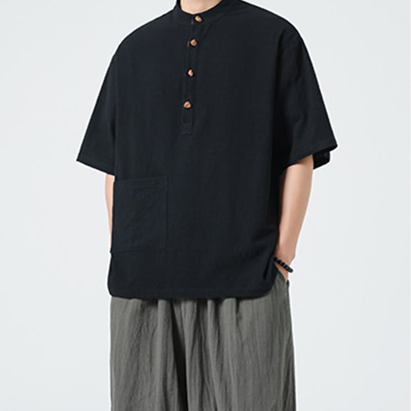 Buddha Stones Casual Half Frog-Button Design Stand Collar Tang Suit Men's Half Sleeve Cotton Shirt With Pocket - image 10