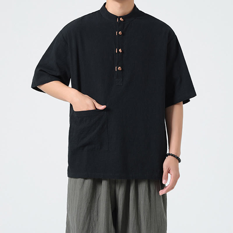 Buddha Stones Casual Half Frog-Button Design Stand Collar Tang Suit Men's Half Sleeve Cotton Shirt With Pocket - image 13