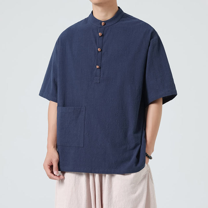 Buddha Stones Casual Half Frog-Button Design Stand Collar Tang Suit Men's Half Sleeve Cotton Shirt With Pocket - Navy - US/UK/AU46，EU56 (5XL) - image 0