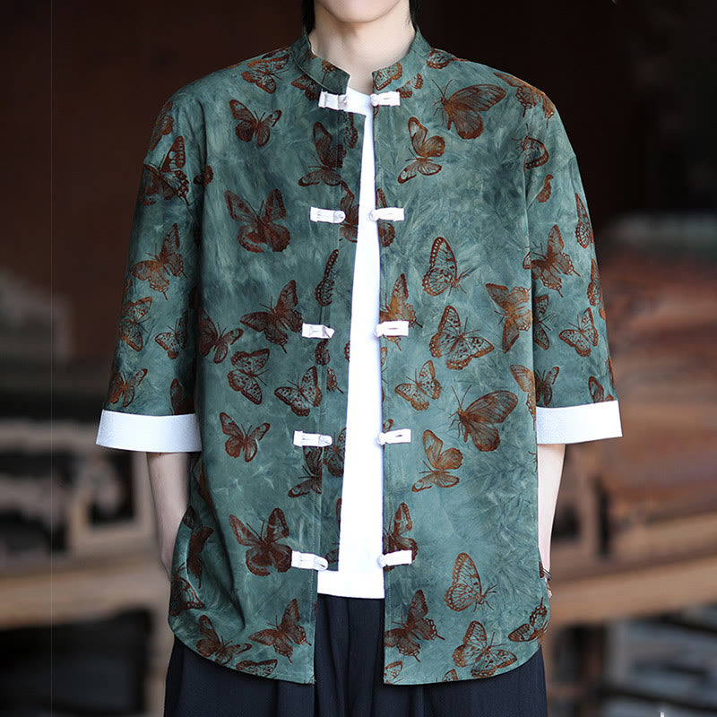 Buddha Stones Jacquard Butterfly Pattern White Frog-Button Design Stand Collar Men's Three Quarter Sleeve Cotton Shirt Cardigan - image 2