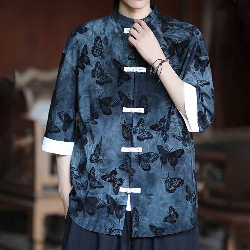 Buddha Stones Jacquard Butterfly Pattern White Frog-Button Design Stand Collar Men's Three Quarter Sleeve Cotton Shirt Cardigan - image 12