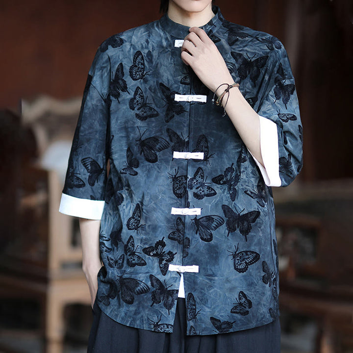 Buddha Stones Jacquard Butterfly Pattern White Frog-Button Design Stand Collar Men's Three Quarter Sleeve Cotton Shirt Cardigan - image 12