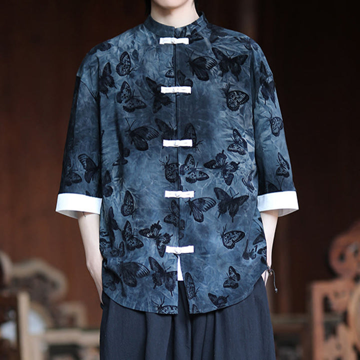 Buddha Stones Jacquard Butterfly Pattern White Frog-Button Design Stand Collar Men's Three Quarter Sleeve Cotton Shirt Cardigan - image 9