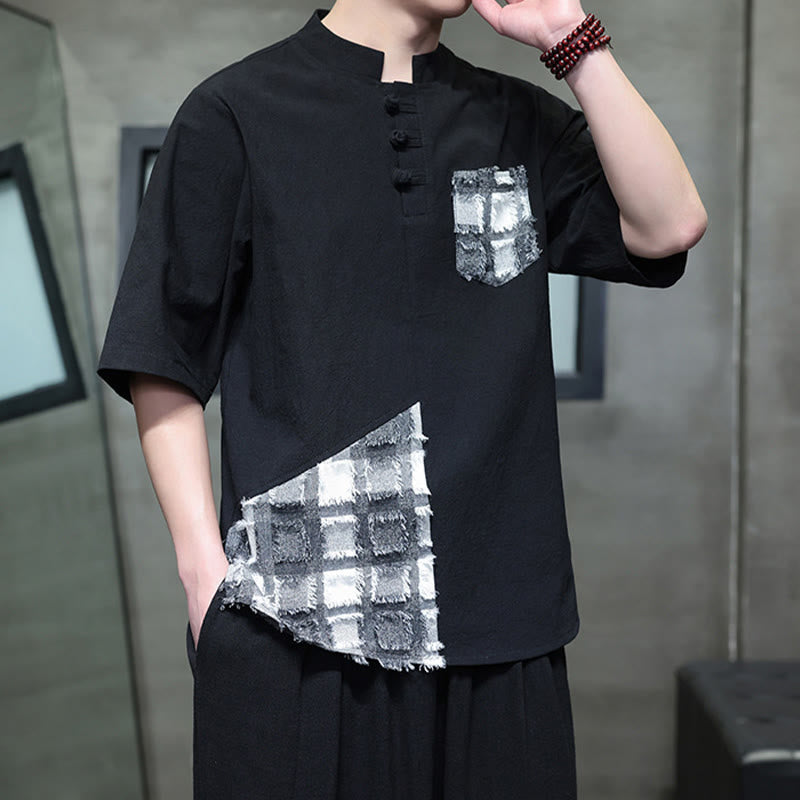 Buddha Stones Summer Vintage Color Contrast Patchwork Design Stand Collar Men's Half Sleeve Cotton Shirt With Pocket - Black - US/UK/AU46，EU56 (5XL) - image 0