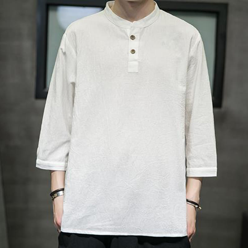 Buddha Stones Vintage Causal Pure Color Stand Collar Men's Three Quarter Sleeve Cotton Linen Shirt - image 1