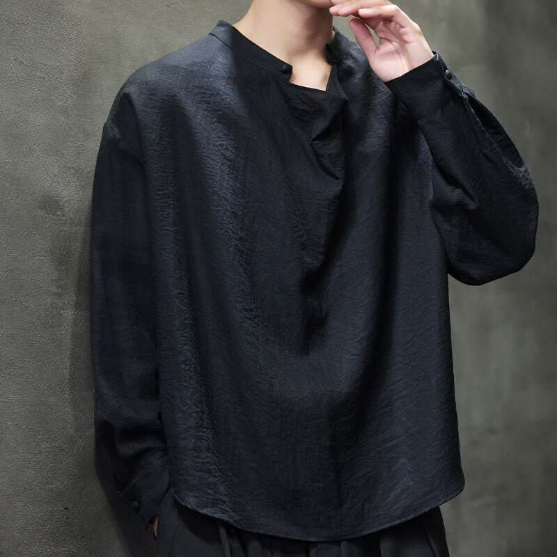 Buddha Stones Spring Solid Color Pleated Stand Collar Design Tang Suit Men's Long Sleeve Linen Shirt - image 13