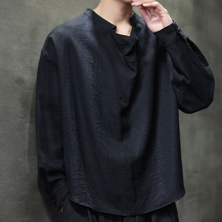 Buddha Stones Spring Solid Color Pleated Stand Collar Design Tang Suit Men's Long Sleeve Linen Shirt - image 13