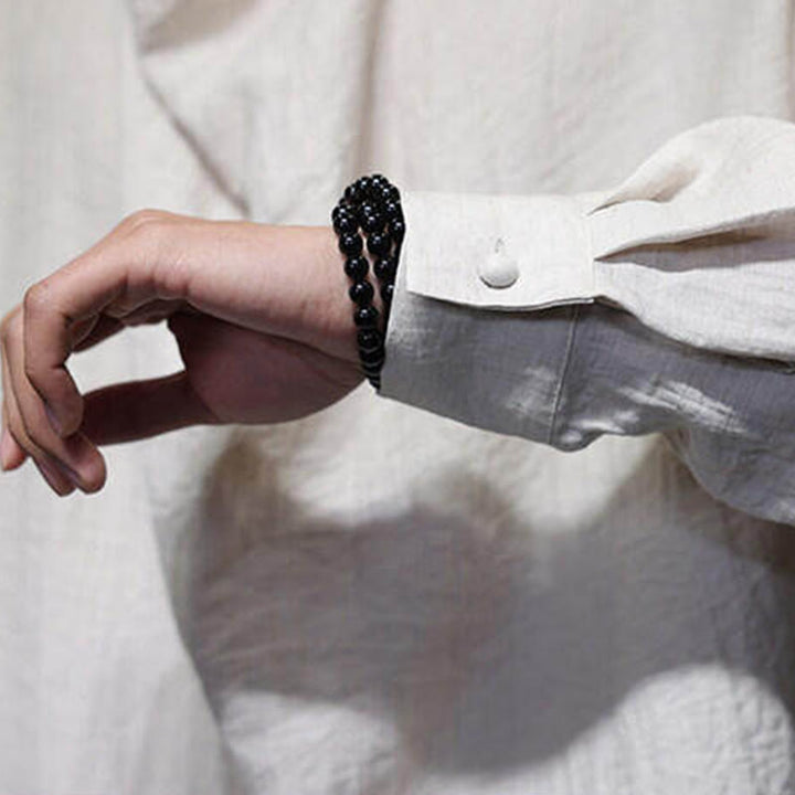 Buddha Stones Spring Solid Color Pleated Stand Collar Design Tang Suit Men's Long Sleeve Linen Shirt - image 24